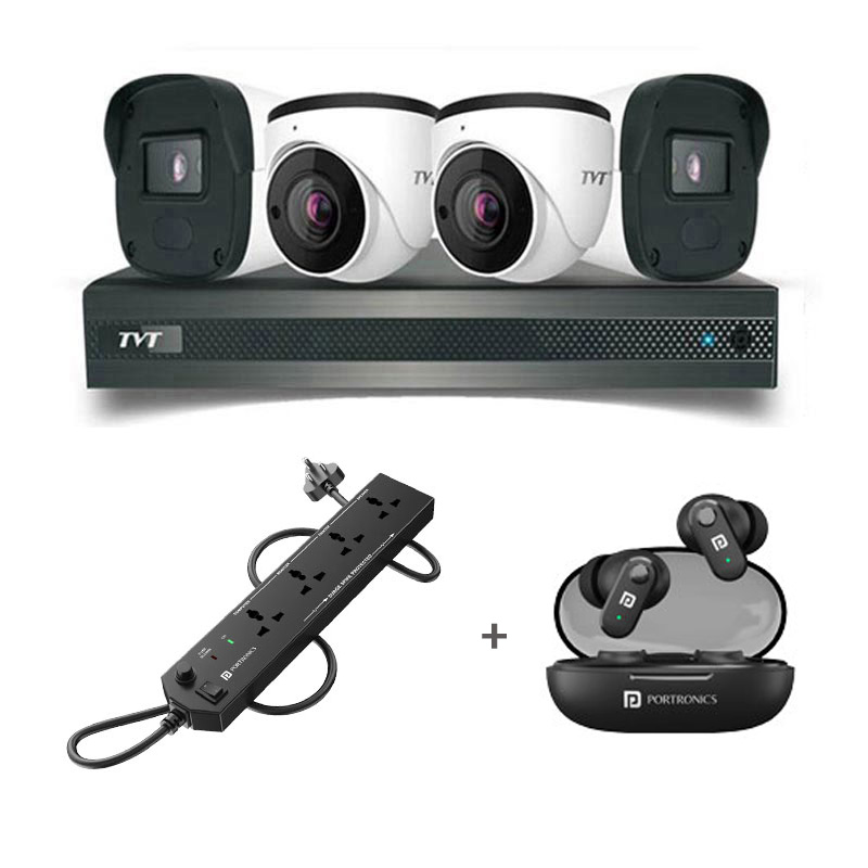 Picture of TVT 4 CCTV Cameras Combo (2 Indoor & 2 Outdoor CCTV Cameras) 👨🏻‍🔧With CCTV Installation + DVR + HDD + Accessories + Power Supply + 90m Cable + Portronics Power Plate 10 + Portronics Harmonics Twins S16 Earbuds